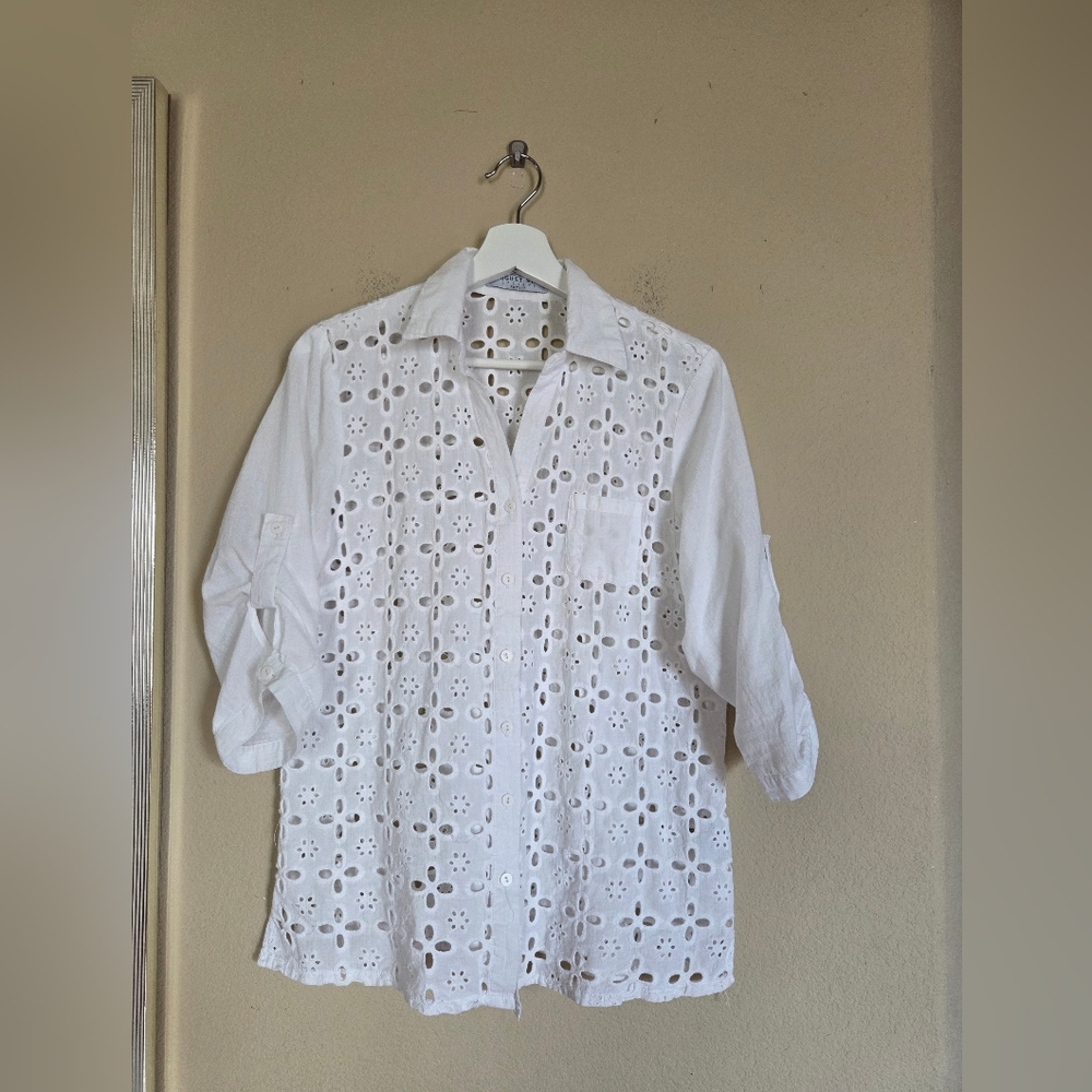 August Silk Petites 100% Cotton White Eyelet Button Up Blouse Half Sleeve